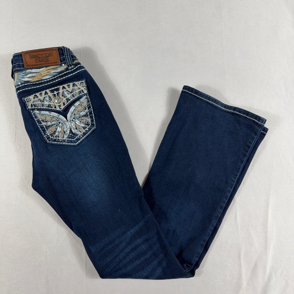 Westfield Eagle Flare Jeans Wing Rhinestone Embellished Dark Wash Women 3